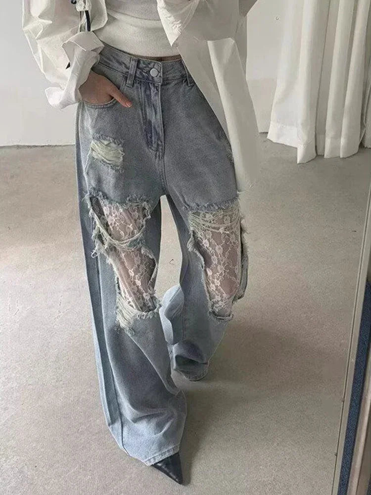 American Retro Y2K 2000s Ripped Lace Spliced Jeans Women Loose Wide Legs Summer Style Design High Waist Straight Trousers