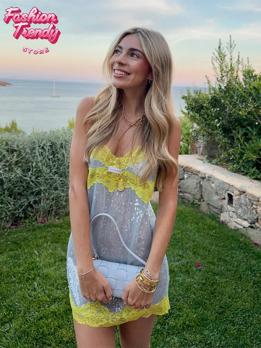 Sexy Sequin Lace Trim Patchwork Short Dress Women V Neck Sleeveless High Waist Mini Sling Dresses 2026 Summer Vacation Lady Robe