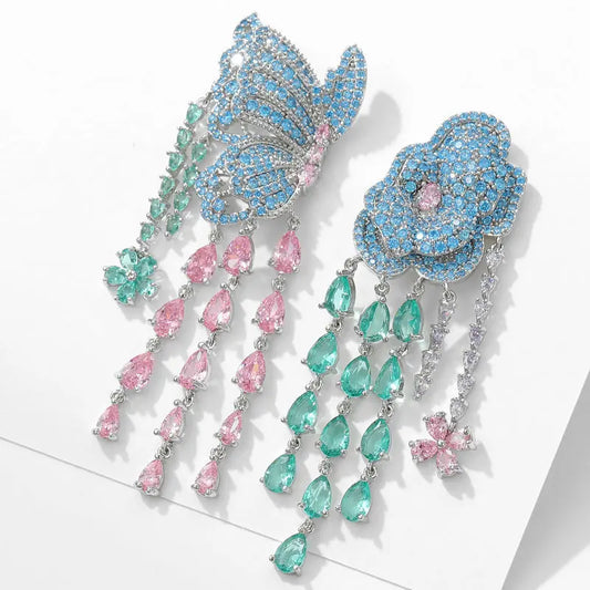 SUYU Exaggerate Atmosphere Heavy Industry Earrings Wholesale with Zirconia Premium Butterfly Flower Tassel Earrings