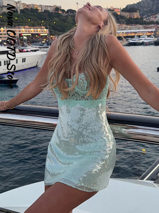 Beach Sequin Women's Dress Y2k Sexy Lace Spliced See Through Strap Mini Summer Dresses New Vacation Casual Party Robe 2026
