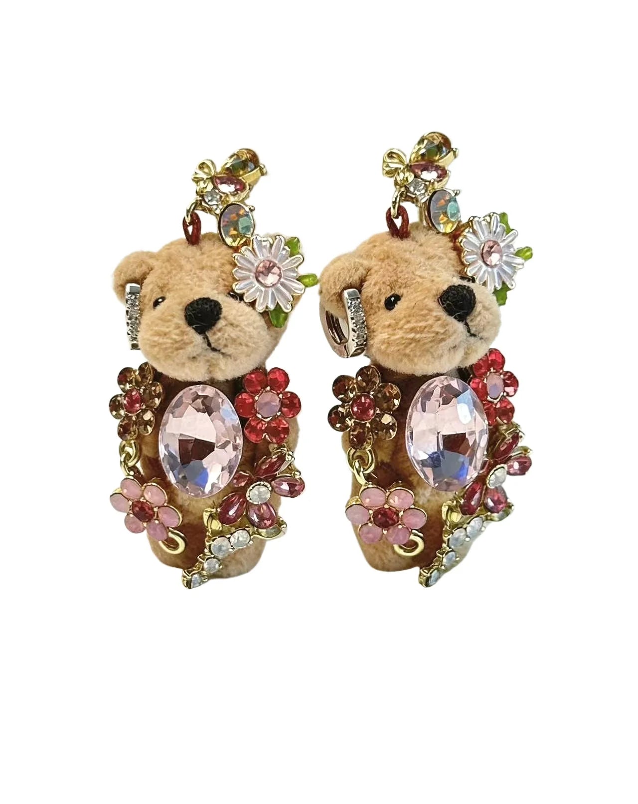 Plush Bear Flower Earrings Cute Teddy Bear Jewelry Fashion Women Ear Studs Gift