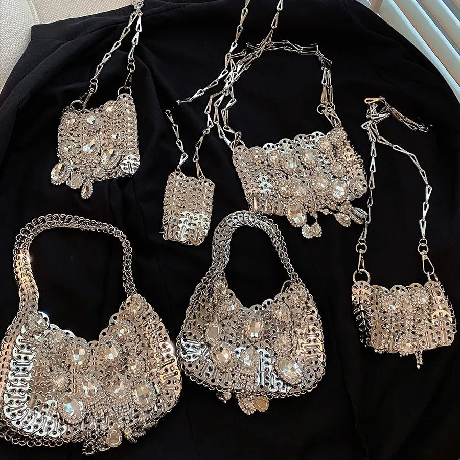 Women's Diamond Handbag Designer Sequins Evening Bag Metal Chain Rhinestone Hollow Evening Bag Clutch Holiday Shoulder Bag