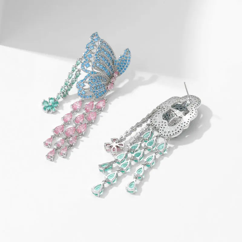 SUYU Exaggerate Atmosphere Heavy Industry Earrings Wholesale with Zirconia Premium Butterfly Flower Tassel Earrings
