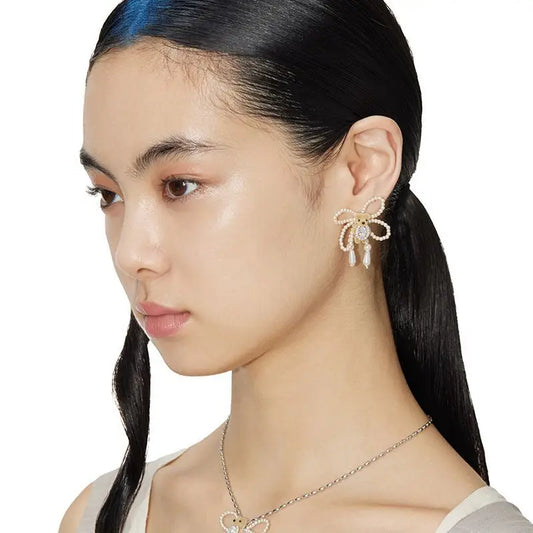 Mini Pearl Bow Velvet Teddy Bear Shimmering Stud Earrings for Women Christmas Gift Fashion Party Accessories