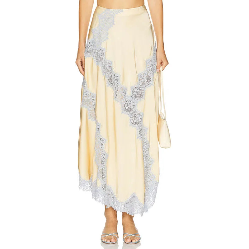 Elegant Sleeveless V Neck Vest High Waist A Line Skirt Fashion Lace Patchwork Skirt Set for Women Lady 2 Pcs Outfits Streetwear