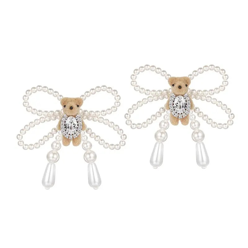 Mini Pearl Bow Velvet Teddy Bear Shimmering Stud Earrings for Women Christmas Gift Fashion Party Accessories
