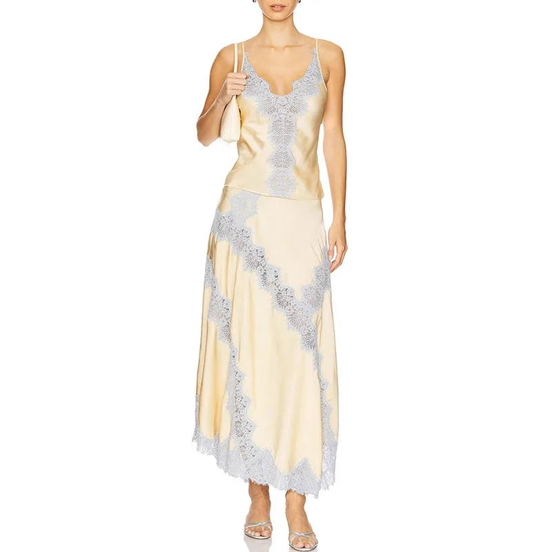 Elegant Sleeveless V Neck Vest High Waist A Line Skirt Fashion Lace Patchwork Skirt Set for Women Lady 2 Pcs Outfits Streetwear