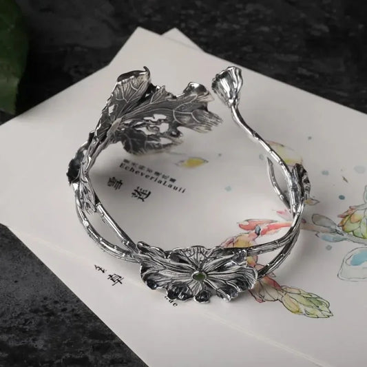 Ancient gold craftsmanship lotus Vinesbracelet for women hollow out exquisite personality ethnic style charm silver jewelry
