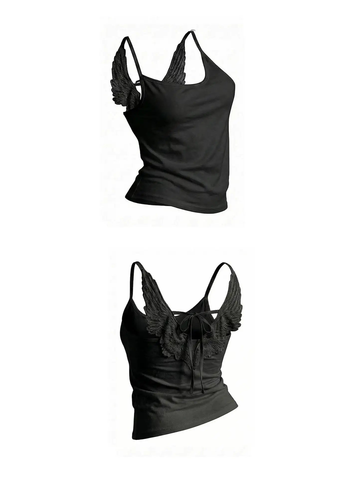 Y2K Women Gothic Trendy Angel Wings Vest 3D Embossed Wings Embroidered Spaghetti Strap Vest Summer Sexy Slim Backless Short Tops