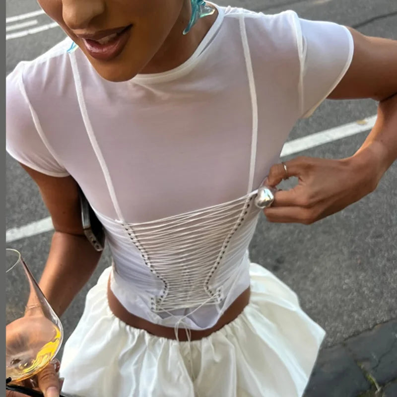 Fashion Women's Bandage See Through Tops Slim Patchwork O-neck Short Sleeve Female T-shirts 2026 Spring Summer Lady Sexy Wear