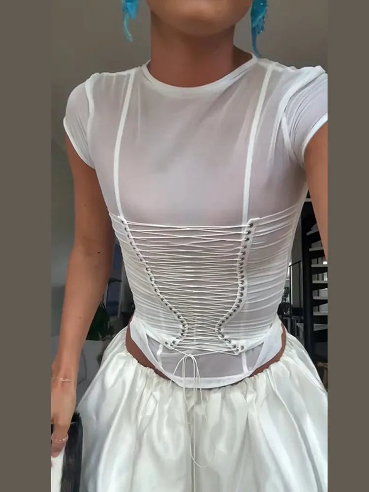 Fashion Women's Bandage See Through Tops Slim Patchwork O-neck Short Sleeve Female T-shirts 2026 Spring Summer Lady Sexy Wear