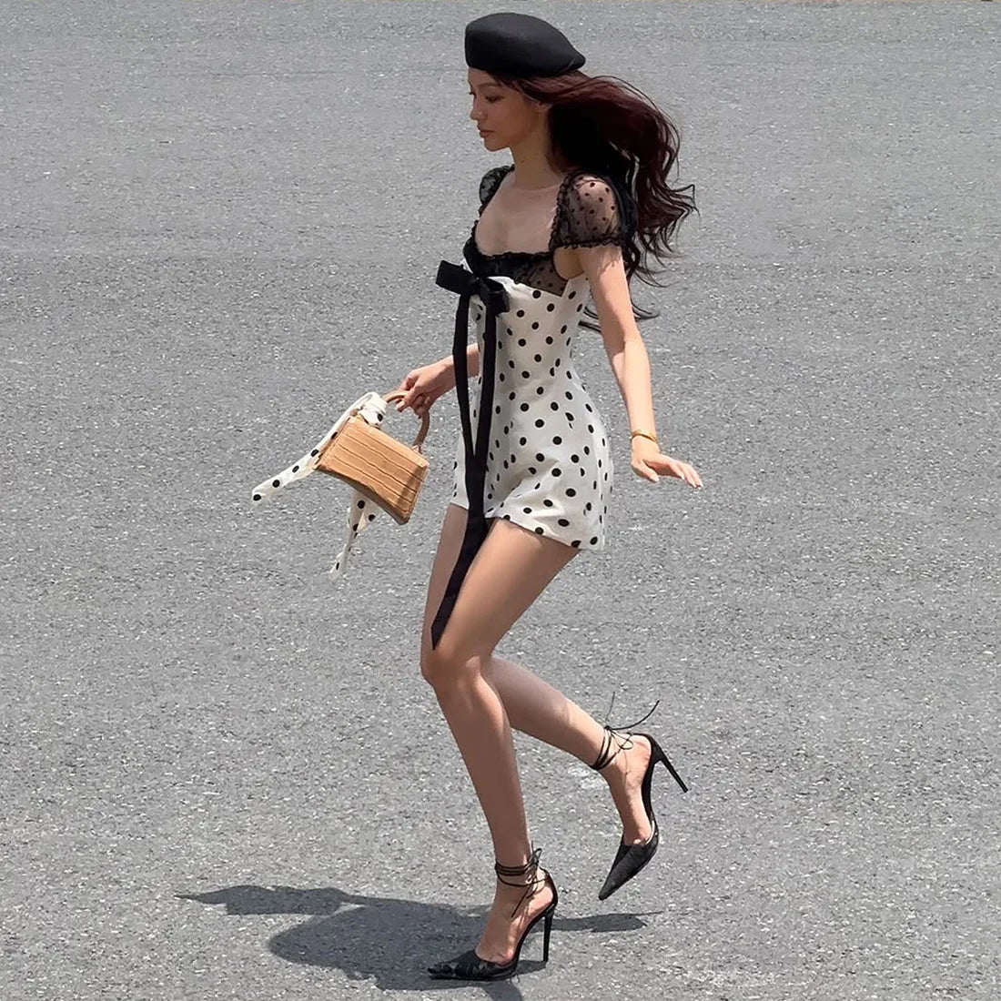 2025 Dress Women Elegant Fashion Beautiful New Hot Girl Polka Dot Design Pure Desire Bow Waist Slim Trendy Short Skirt for Women