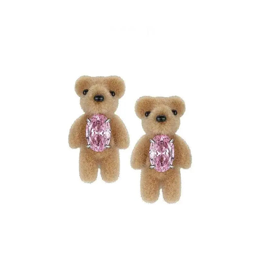 Flocking Teddy Bear Earrings Cute Litter Bear Earrings With Zircon for Women Fashion Jewelry Party Gift Animal Jewelry