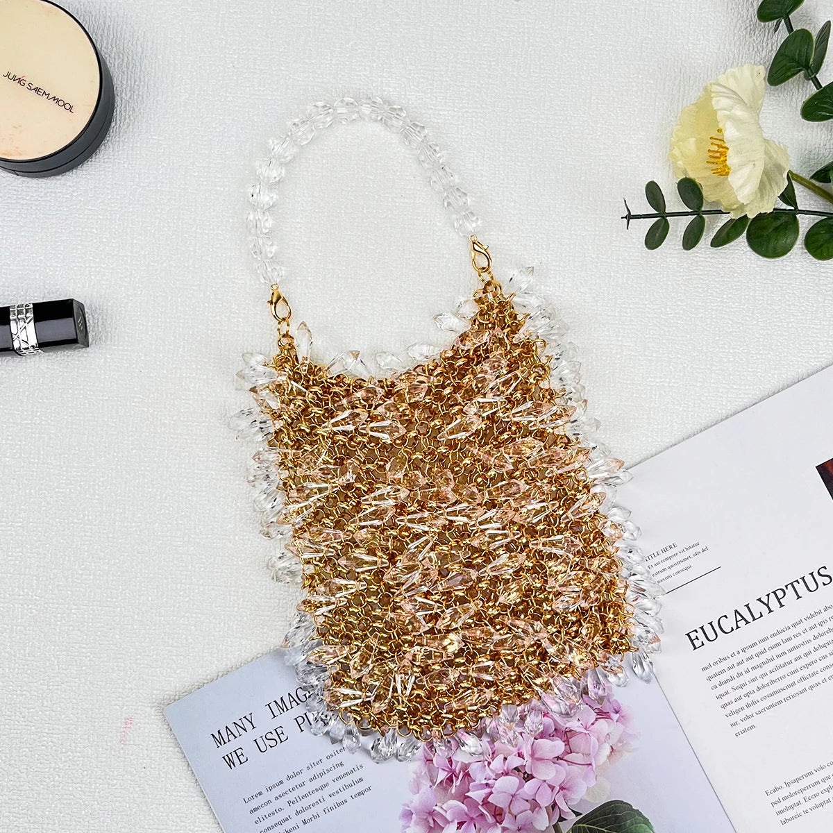 Fashionable new rhinestone bucket bag, dinner crossbody bag, hand woven bead imitation crystal high-end handbag