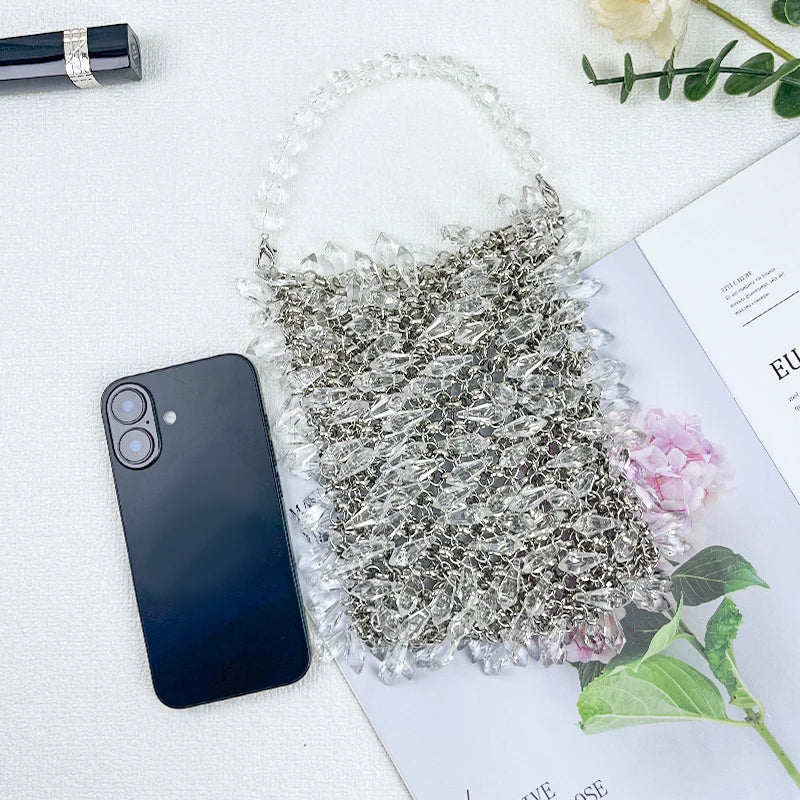 Fashionable new rhinestone bucket bag, dinner crossbody bag, hand woven bead imitation crystal high-end handbag