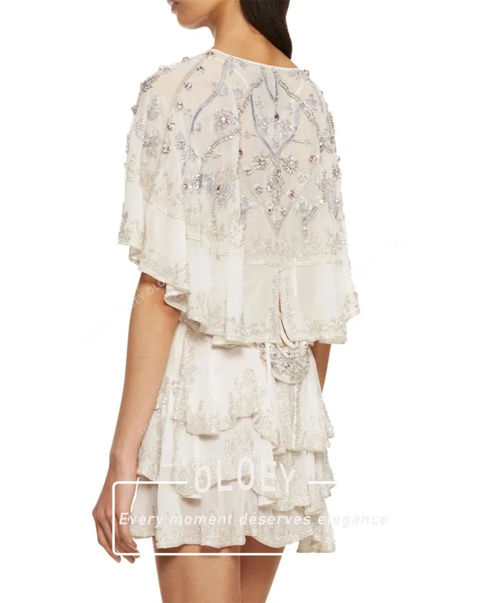 OLOEY Sage Chiffon Ruffled Short Wedding Dress Spaghetti 2 in 1 Straps with Capelet A-line Beaded Crystal Bridal Gown Customized