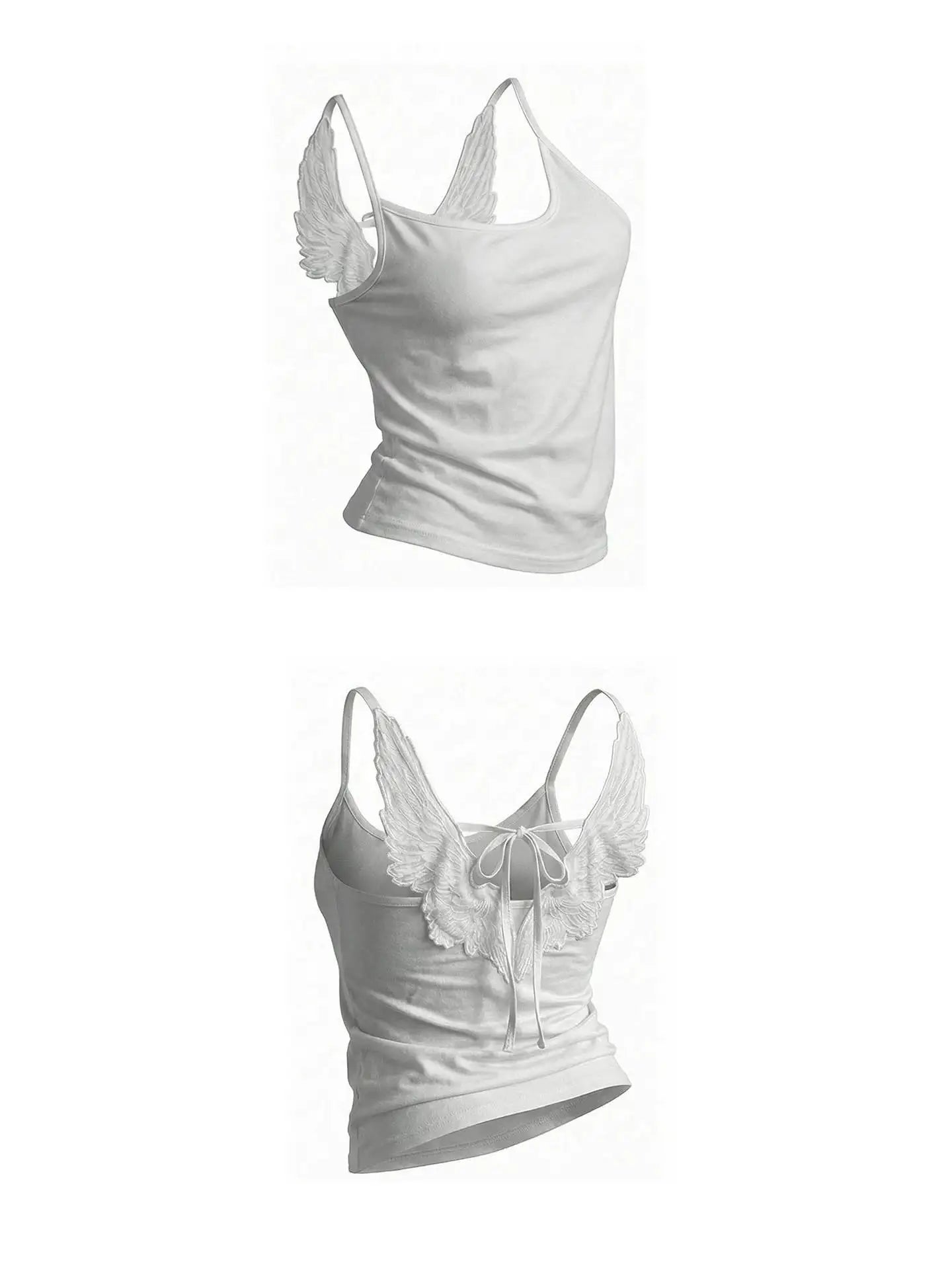 Y2K Women Gothic Trendy Angel Wings Vest 3D Embossed Wings Embroidered Spaghetti Strap Vest Summer Sexy Slim Backless Short Tops