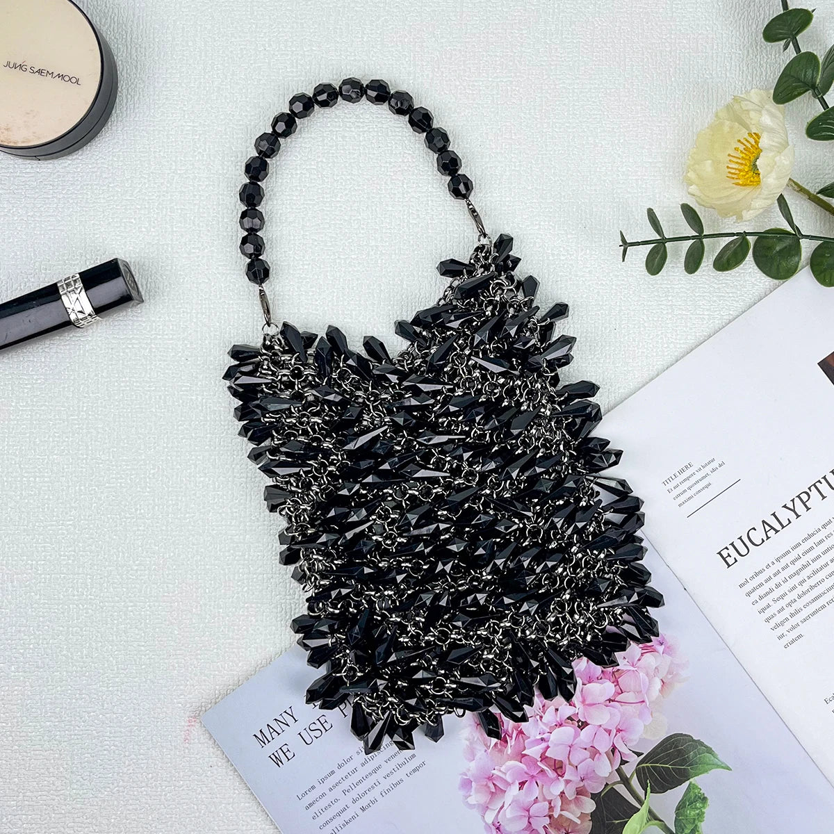Fashionable new rhinestone bucket bag, dinner crossbody bag, hand woven bead imitation crystal high-end handbag