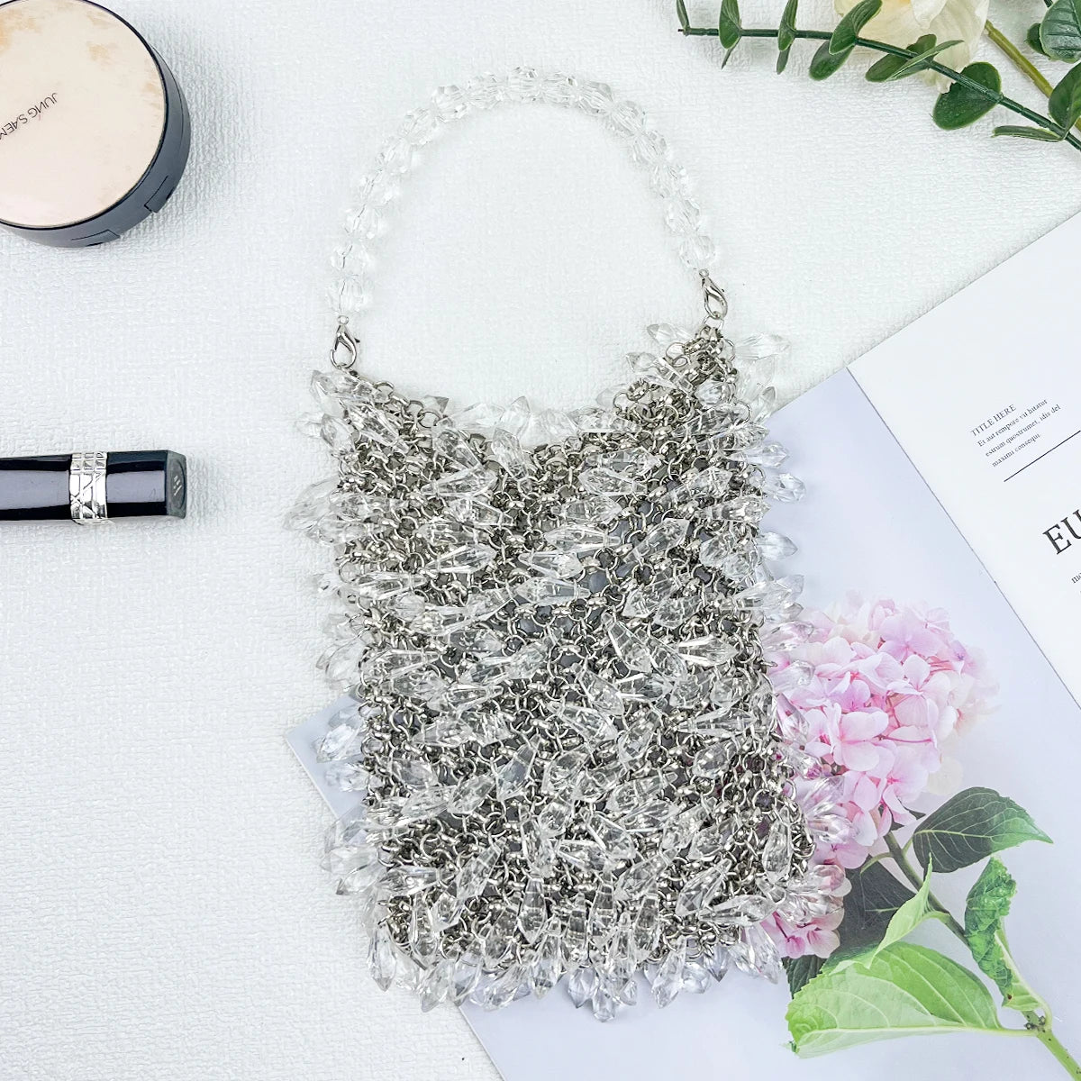 Fashionable new rhinestone bucket bag, dinner crossbody bag, hand woven bead imitation crystal high-end handbag