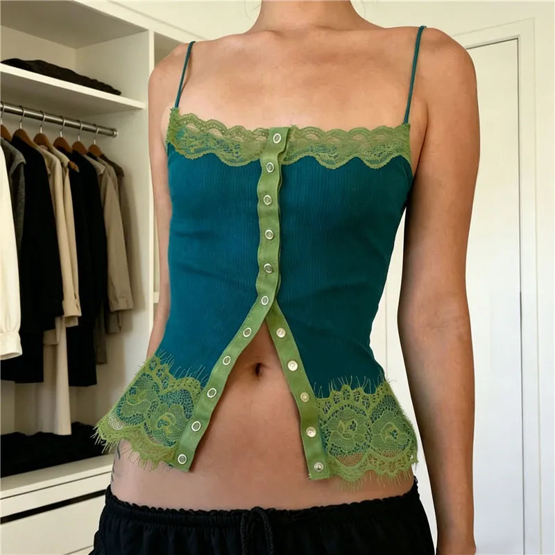 Women's Summer Slim Camisole Button Up Front Tank Top with Lace Trim Spaghetti Strap V-Neck Sleeveless T-Shirt Y2K Streetwear