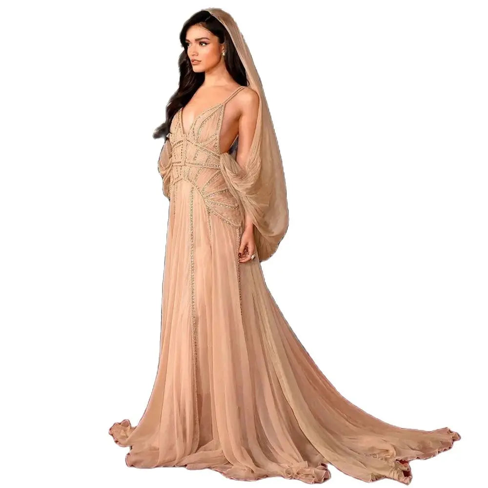 FORMALS Champagne Sexy See Through Evening Dress Open Back V-neck Straps Sequins Beaded A-line Prom Dresses With Sweep Train