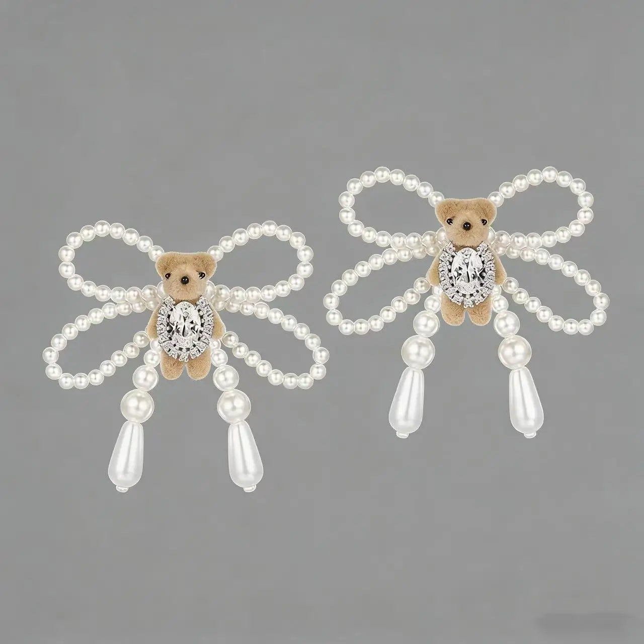 Mini Pearl Bow Velvet Teddy Bear Shimmering Stud Earrings for Women Christmas Gift Fashion Party Accessories