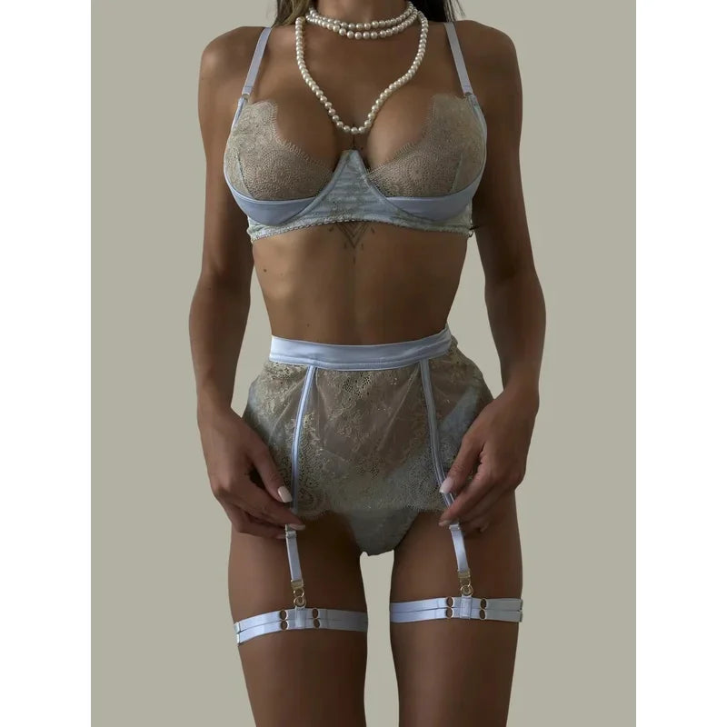 Fancy Women's Lingerie Sets Elegant Lace Bra Belt Thong 3PC with Leg Circles Seductive Intimate Women Underwear