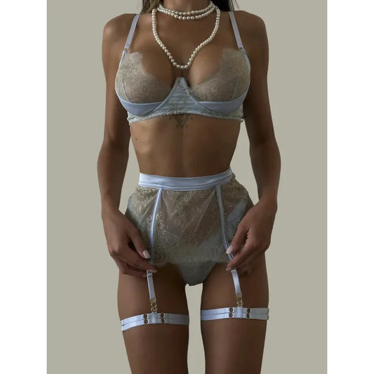 Fancy Women's Lingerie Sets Elegant Lace Bra Belt Thong 3PC with Leg Circles Seductive Intimate Women Underwear