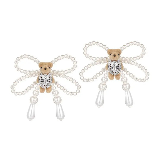 Mini Pearl Bow Velvet Teddy Bear Shimmering Stud Earrings for Women Christmas Gift Fashion Party Accessories