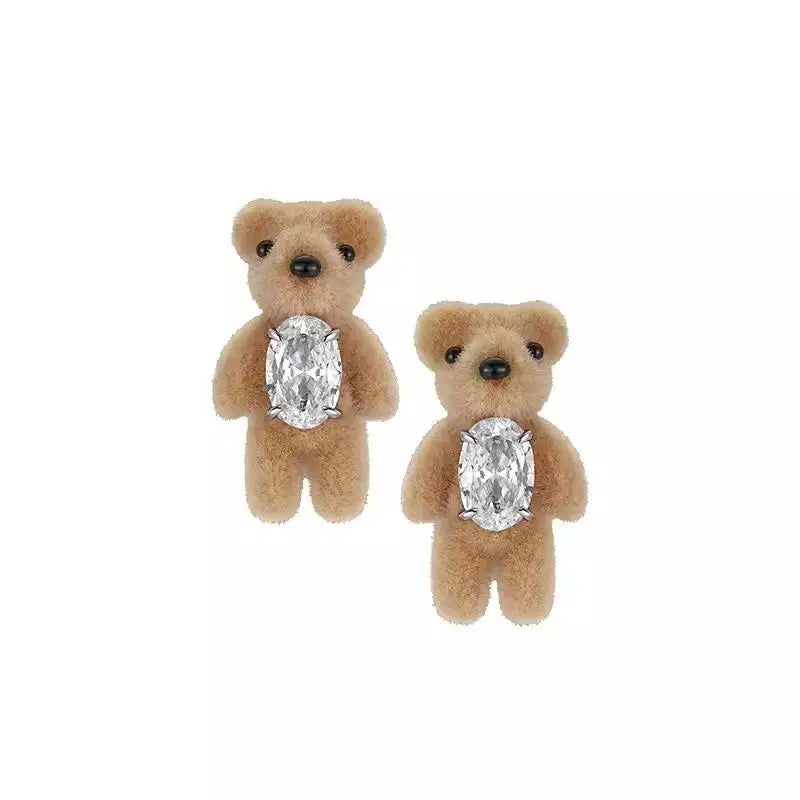 Flocking Teddy Bear Earrings Cute Litter Bear Earrings With Zircon for Women Fashion Jewelry Party Gift Animal Jewelry