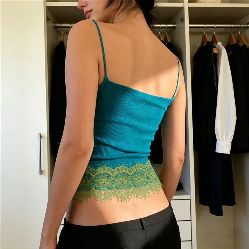 Women's Summer Slim Camisole Button Up Front Tank Top with Lace Trim Spaghetti Strap V-Neck Sleeveless T-Shirt Y2K Streetwear