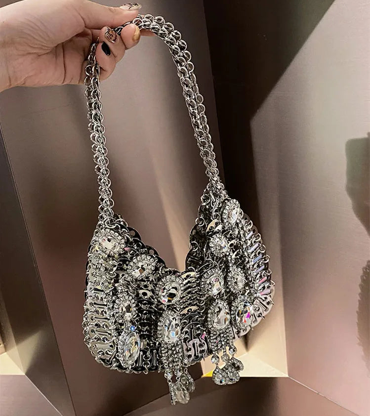 Women's Diamond Handbag Designer Sequins Evening Bag Metal Chain Rhinestone Hollow Evening Bag Clutch Holiday Shoulder Bag