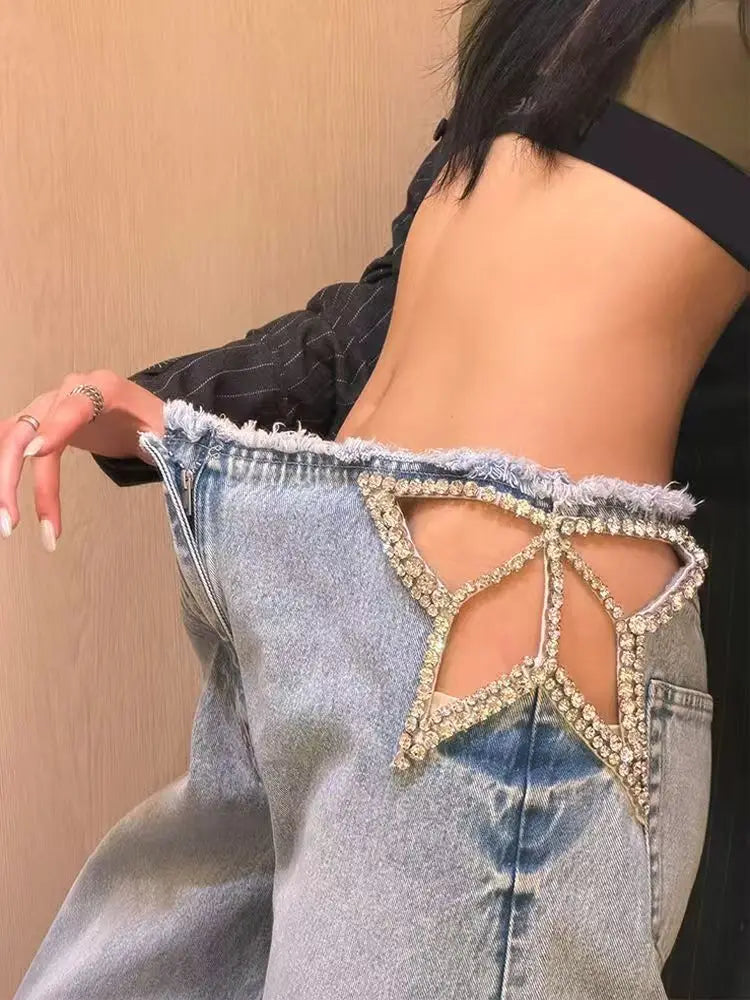 Y2k American Harajuku Hot Girl Retro Star Hollow Hot Diamond Jeans Girls Summer Fashion Raw Edge Casual Loose Wide Leg Jeans