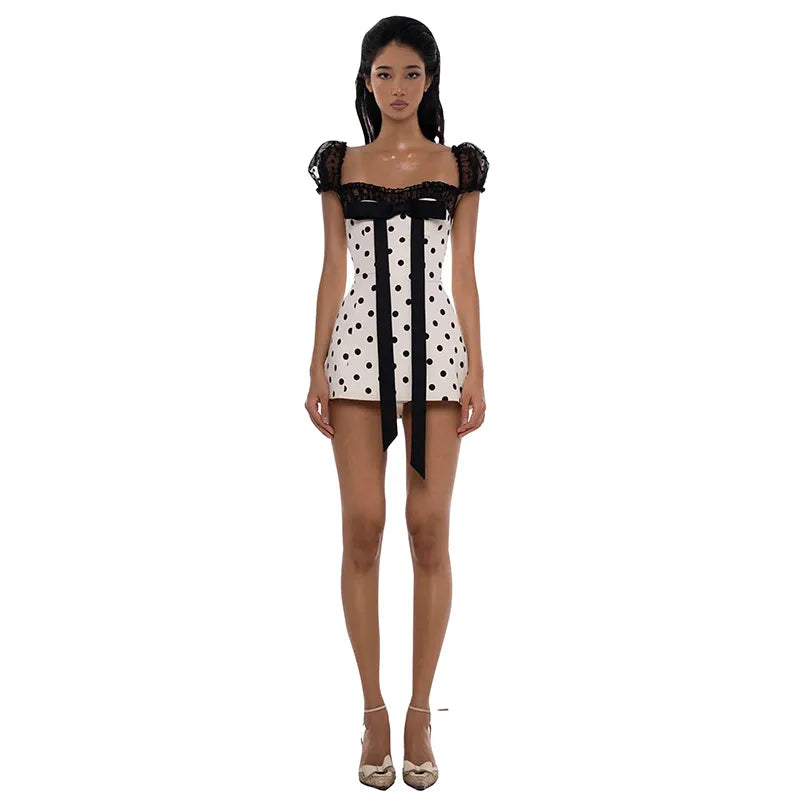 2025 Dress Women Elegant Fashion Beautiful New Hot Girl Polka Dot Design Pure Desire Bow Waist Slim Trendy Short Skirt for Women