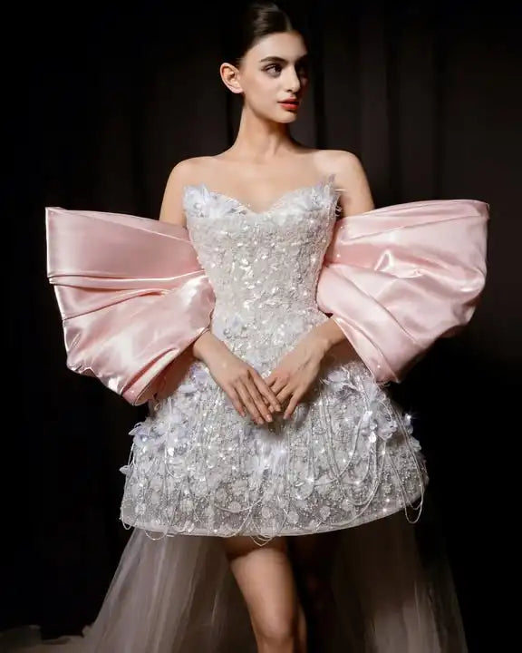 Romantic Pink Short Prom Party Dresses with Detachable Bow Train Shiny Butterfly Appliques Wedding Second Dress Long Train Gown