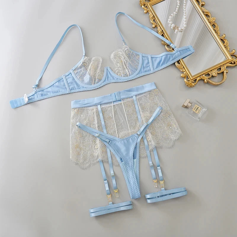 Fancy Women's Lingerie Sets Elegant Lace Bra Belt Thong 3PC with Leg Circles Seductive Intimate Women Underwear
