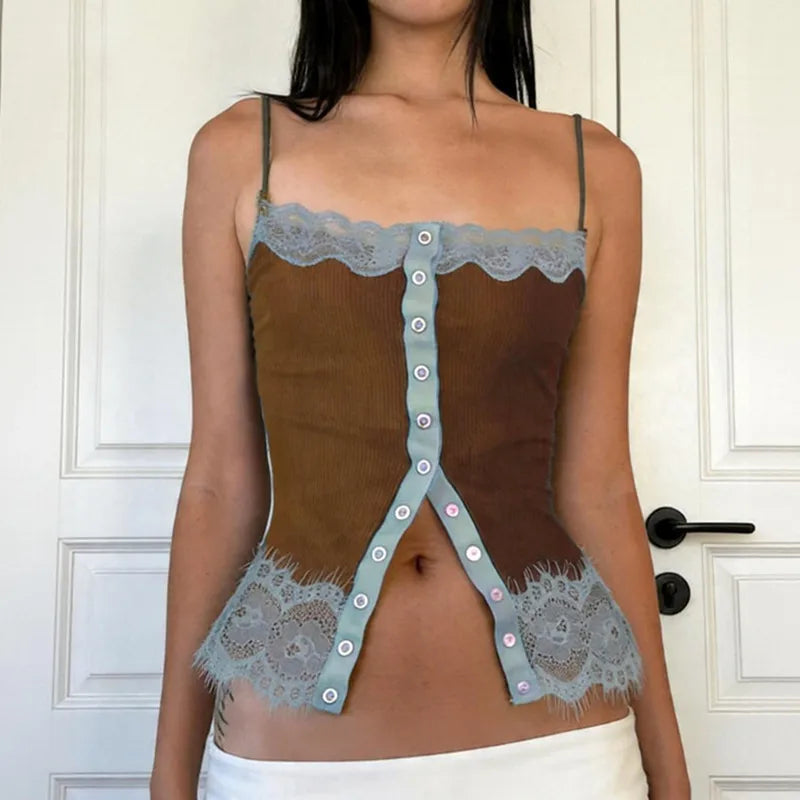 Women's Summer Slim Camisole Button Up Front Tank Top with Lace Trim Spaghetti Strap V-Neck Sleeveless T-Shirt Y2K Streetwear