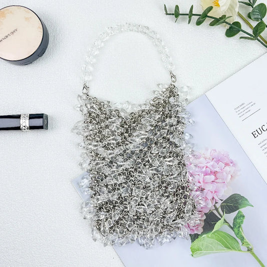 Fashionable new rhinestone bucket bag, dinner crossbody bag, hand woven bead imitation crystal high-end handbag