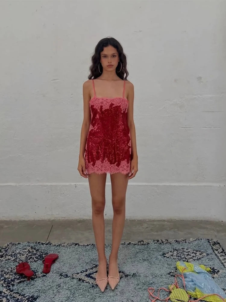 Sexy Sequin Lace Trim Patchwork Short Dress Women V Neck Sleeveless High Waist Mini Sling Dresses 2026 Summer Vacation Lady Robe