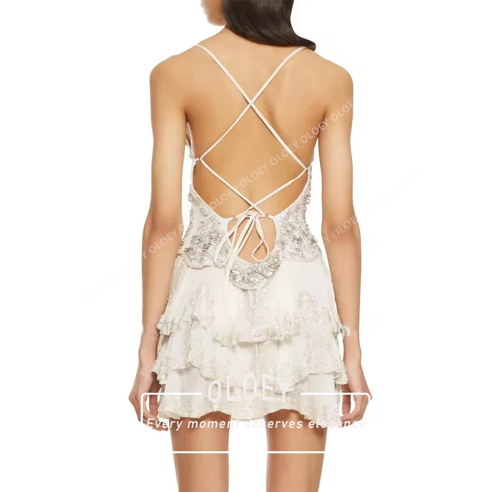 OLOEY Sage Chiffon Ruffled Short Wedding Dress Spaghetti 2 in 1 Straps with Capelet A-line Beaded Crystal Bridal Gown Customized