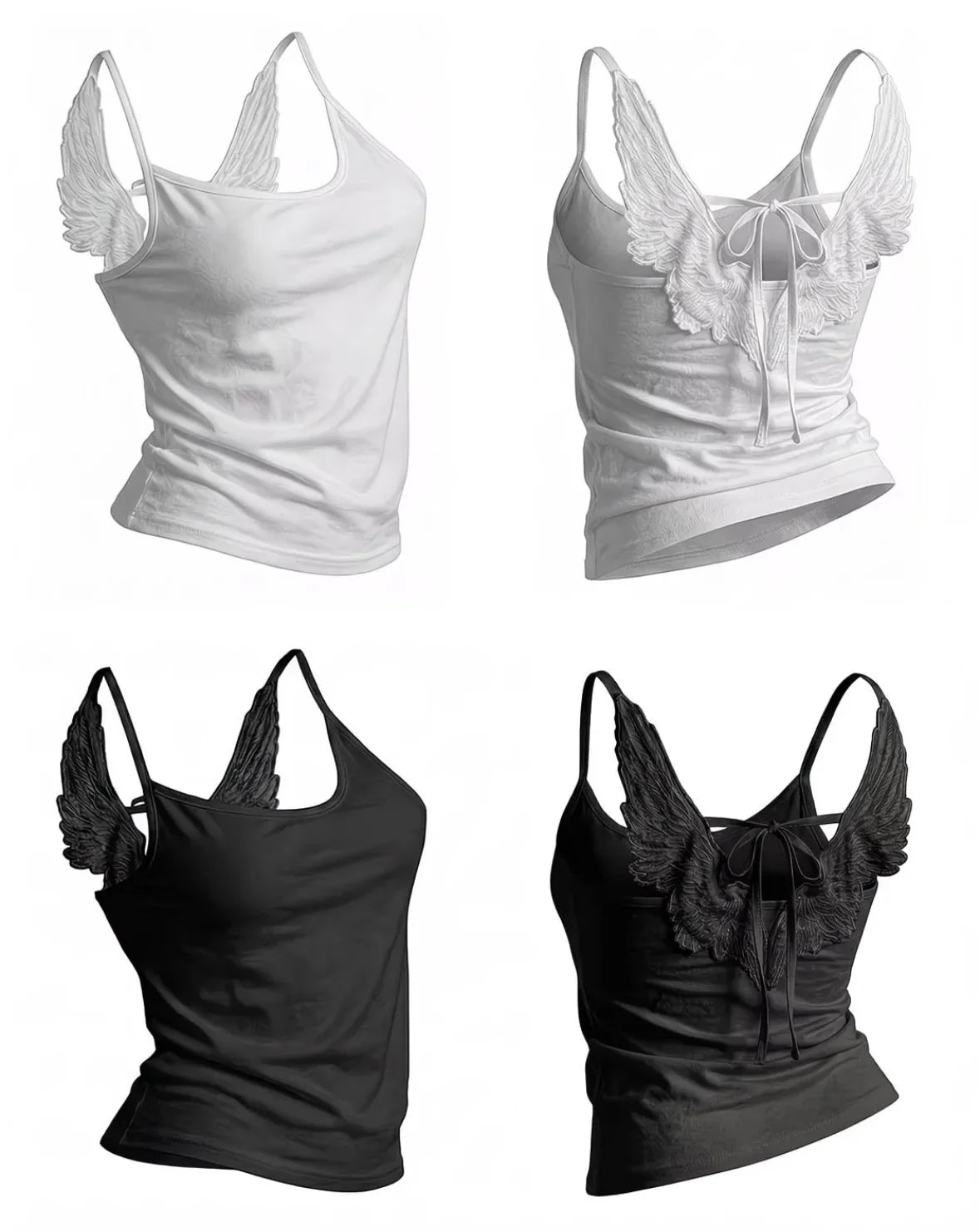 Y2K Women Gothic Trendy Angel Wings Vest 3D Embossed Wings Embroidered Spaghetti Strap Vest Summer Sexy Slim Backless Short Tops