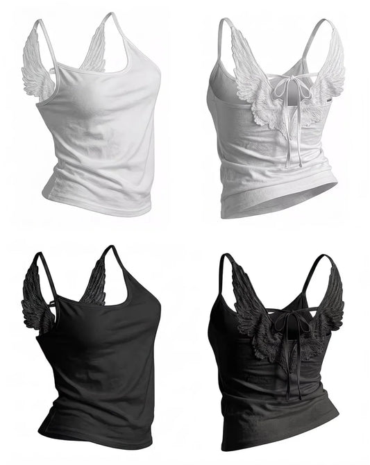 Y2K Women Gothic Trendy Angel Wings Vest 3D Embossed Wings Embroidered Spaghetti Strap Vest Summer Sexy Slim Backless Short Tops