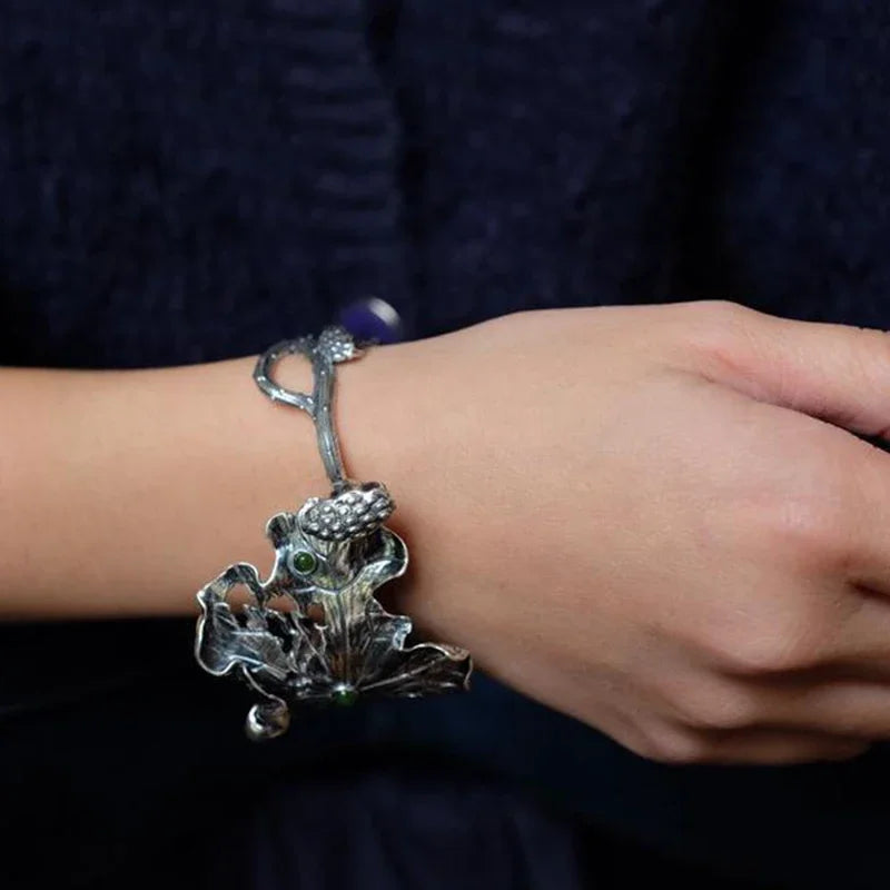 Ancient gold craftsmanship lotus Vinesbracelet for women hollow out exquisite personality ethnic style charm silver jewelry