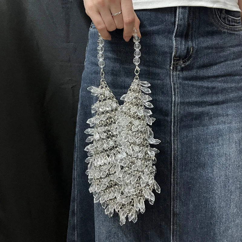 Fashionable new rhinestone bucket bag, dinner crossbody bag, hand woven bead imitation crystal high-end handbag