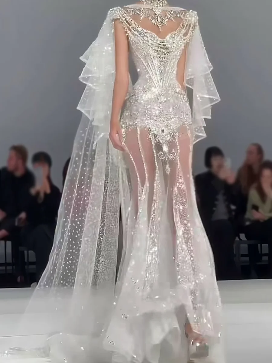 Exquisite Illusion Sequined Beads Cap Sleeve Mermaid Bride Wedding Dresses Bridal Gowns Customized