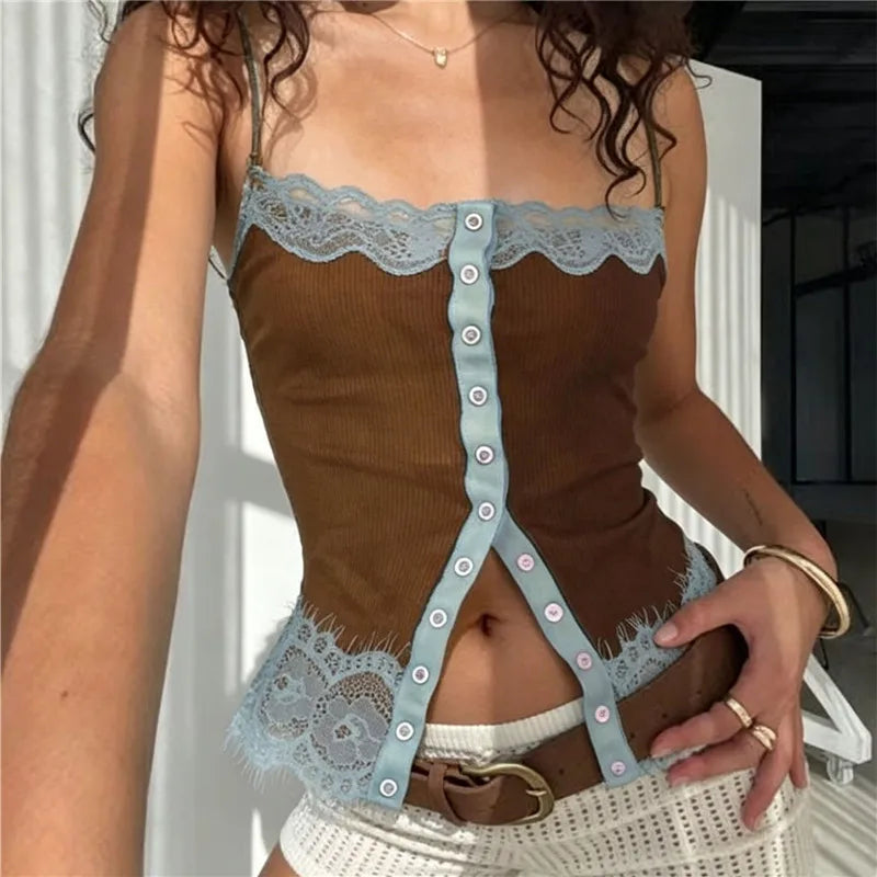 Women's Summer Slim Camisole Button Up Front Tank Top with Lace Trim Spaghetti Strap V-Neck Sleeveless T-Shirt Y2K Streetwear