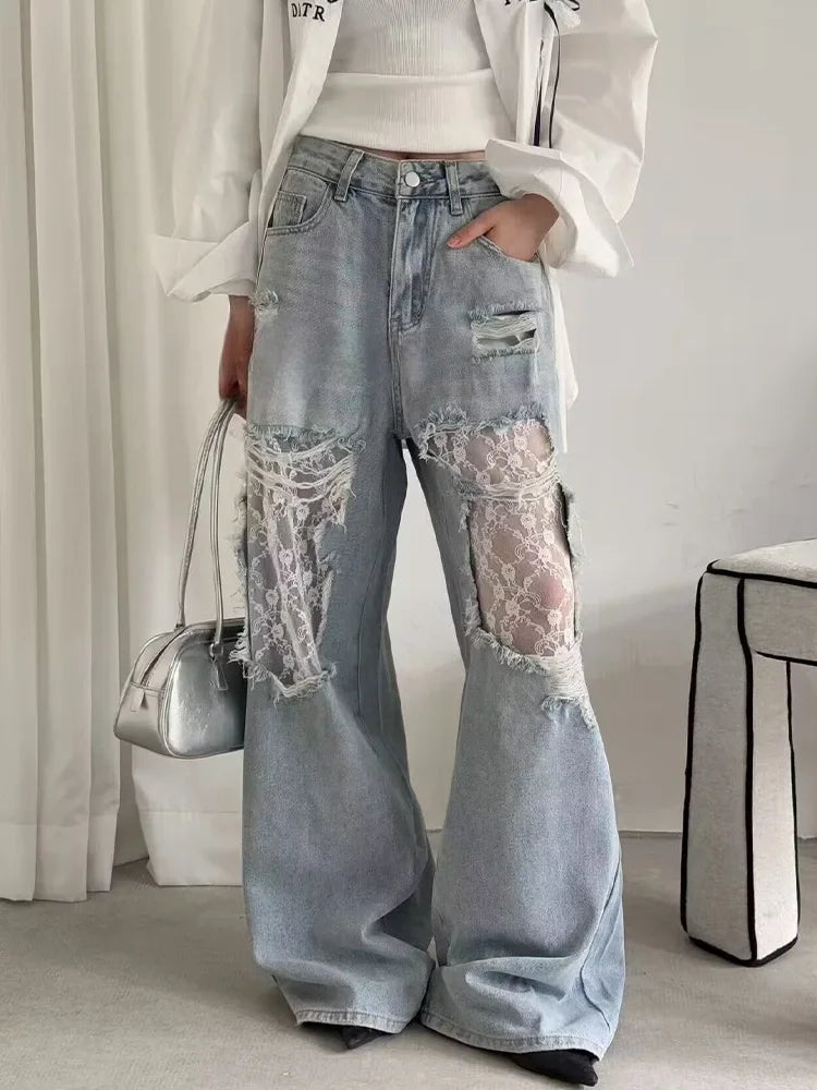 American Retro Y2K 2000s Ripped Lace Spliced   Jeans Women Loose Wide Legs Summer Style Design High Waist Straight Trousers