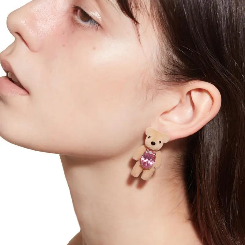 Flocking Teddy Bear Earrings Cute Litter Bear Earrings With Zircon for Women Fashion Jewelry Party Gift Animal Jewelry