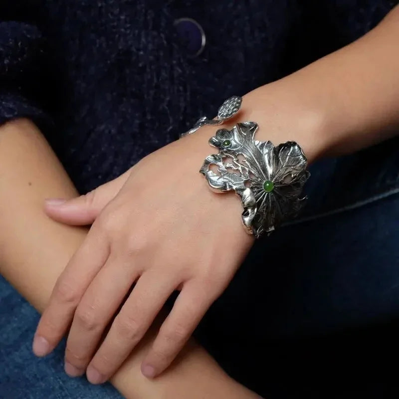 Ancient gold craftsmanship lotus Vinesbracelet for women hollow out exquisite personality ethnic style charm silver jewelry