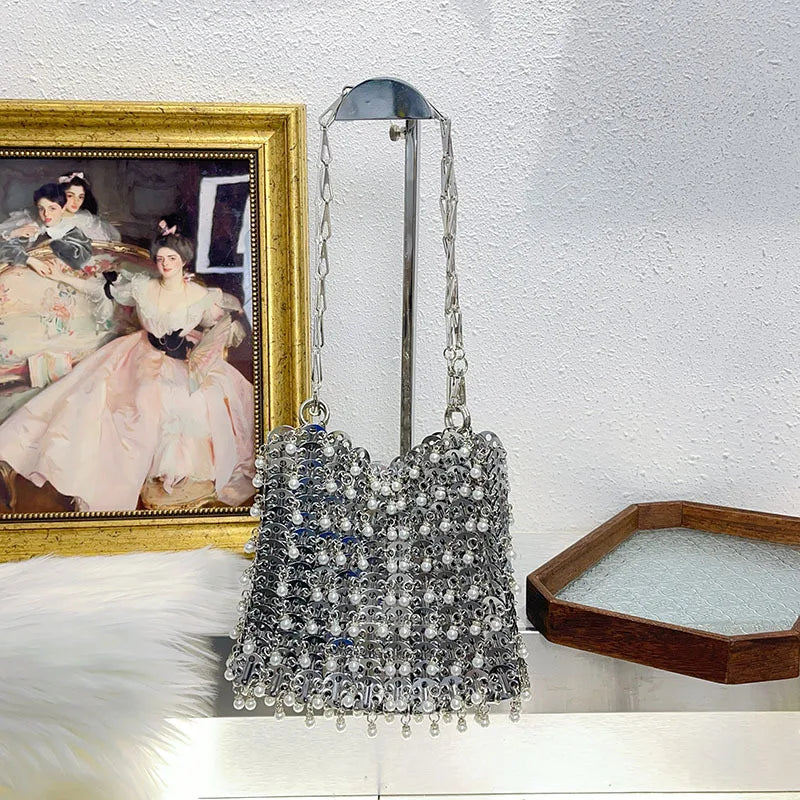 Women's Diamond Handbag Designer Sequins Evening Bag Metal Chain Rhinestone Hollow Evening Bag Clutch Holiday Shoulder Bag